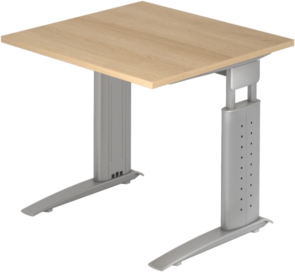 bümö höhenverstellbarer Schreibtisch U-Serie 80x80 Eiche, Gestell in Silber - PC Tisch klein für's Büro manuell höhenverstellbar, Computertisch verstellbar, US-08-E-S