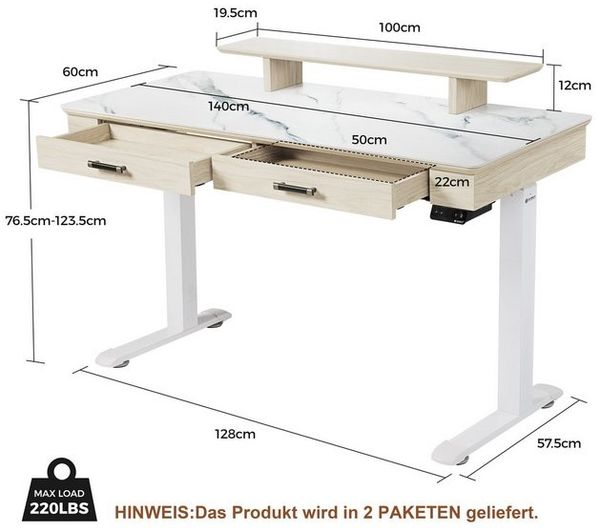 EE EUREKA ERGONOMIC Schreibtisch Höhenverstellbarer Computertisch Elektrisch Doppelmotor Ergonomischer, 140x60cm APP-Steuerung Großer Gamingtisch mit Doppelschublade Stehpult Bild 4