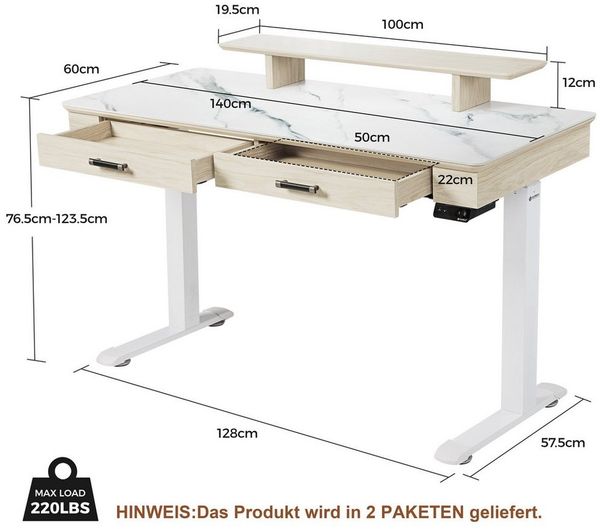 EE EUREKA ERGONOMIC Schreibtisch Höhenverstellbarer Computertisch Elektrisch Doppelmotor Ergonomischer, 140x60cm APP-Steuerung Großer Gamingtisch mit Doppelschublade Stehpult Bild 3