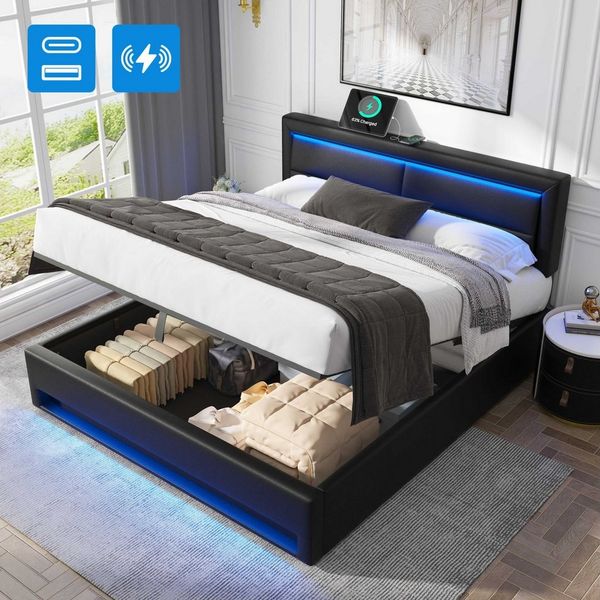 BlingBin Polsterbett Jugendbett Doppelbett Kinderbett Funktionsbett mit LED-Beleuchtung (Hydraulisches Bett, 1-tlg, mit USB-Anschluss, Kopfteil und großer Stauraum), 140 x 200 cm, ohne Matratze, PU-Litschi-Muster, Schwarz