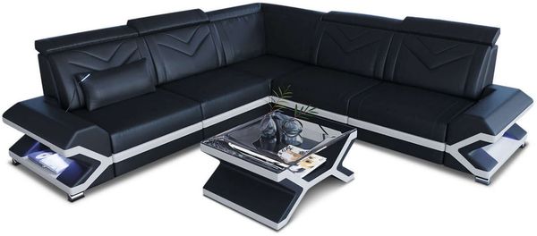 Mini Couch Sorrento L Form in Leder - Büffelleder - schwarz-weiß