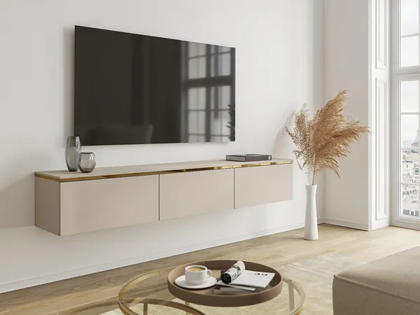 Vente-unique - VUKIA TV unit Holz, Platte BeigeGoldfarben - B 34,5 cm x H 30 cm x L 180 cm
