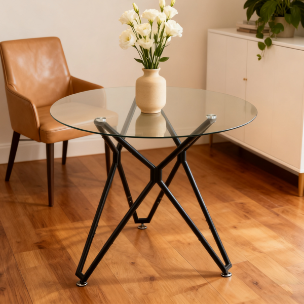 Minimalistischer Glastisch rund, 90x78 cm, schwarz, Metallbeine, platzsparend