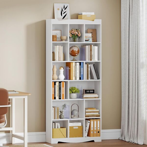 Bücherregal, 6-lagiges StandregalWeiß, 2 Verstellbare Regalböden Büroregal, Aktenschrank, CD-Ständer für Büro, Arbeitszimmer, Wohnzimmer 24 x 77 x 182,5 cm Weiß