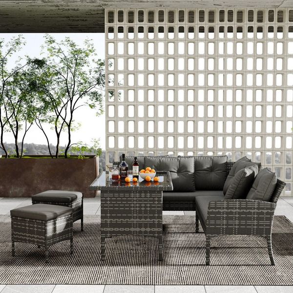 Flieks Gartenlounge-Set, 7-Sitzer L-förmiges Gartenmöbel Polyrattan Sitzgruppe Essgruppe