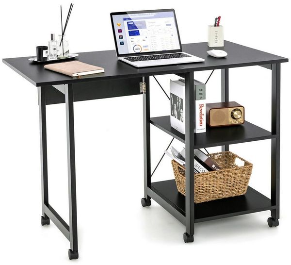 COSTWAY Computertisch, klappbar, mit Rollen & abnehmbarem Regal