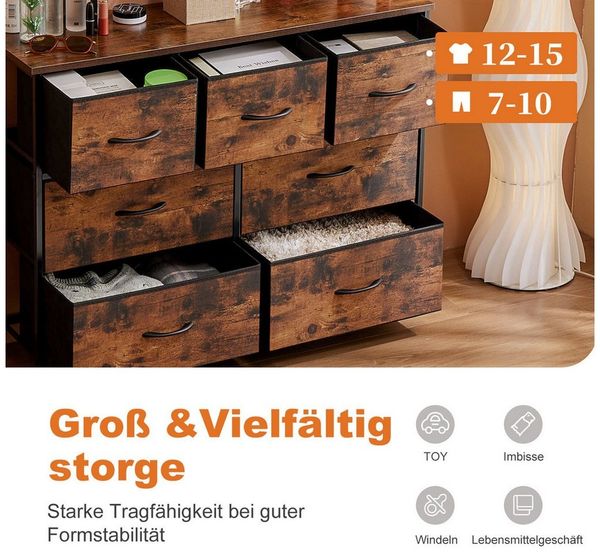 DUMOS Schubkastenkommode Kommode mit 7 Schubladen, Ablageschrank aus Stoff Schubladenschrank (für Schlafzimmer, Wohnzimmer, Kinderzimmer, Flur, Aufbewahrungsschrank), mit Metallgestell Schubladen aus Stoff