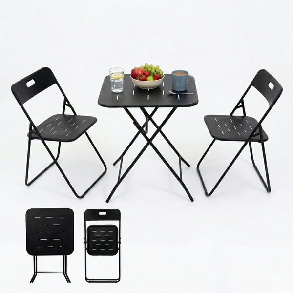 LVHOM Bistroset 3-tlg, Gartenmöbel-Set mit klappbaren Stühlen und Tisch, Balkonmöbel Set aus Stahl, wetterfeste Sitzgruppe, Schwarz