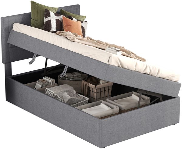 Polsterbett 90×200 cm mit Stauraum und Metall-Lattenrost, Grau Bild 9