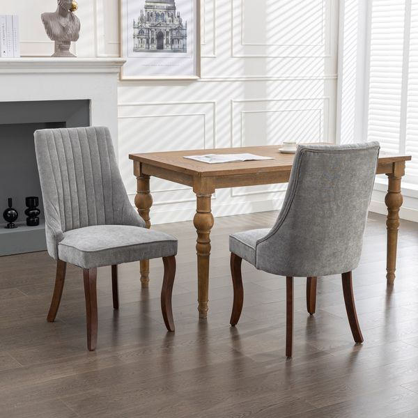 Esszimmerstuhl 2er Set mit Massivholzbeinen, hoher Rückenlehne & Stoffpolster, Nieten-Design,Grau