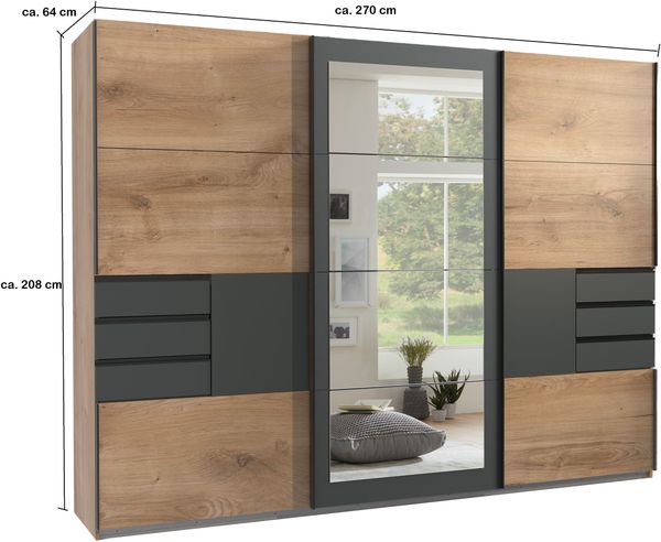 Schwebetürenschrank Kleiderschrank 270 cm Spiegel Schubladen Grafit Eiche Dekor Bild 9