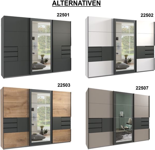Schwebetürenschrank Kleiderschrank 270 cm Spiegel Schubladen Grafit Eiche Dekor Bild 10