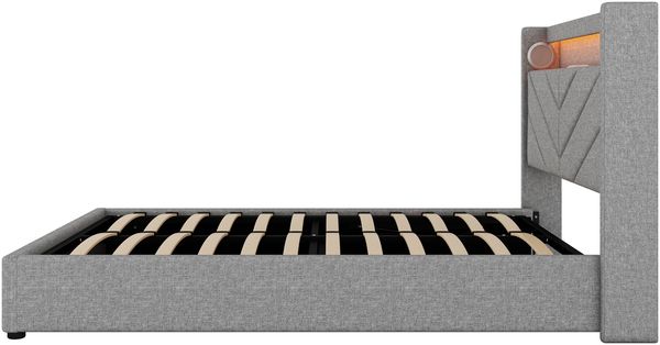 Schlafsofa, Daybett, Tagesbett, 90x200cm, Schlafsofa mit Lattenrost ohne Matratze, Ambientebeleuchtung mit Fernbedienung, Kopfteil mit Knopftuft, Usb+Typ-c, Leinen, Beige Bild 6