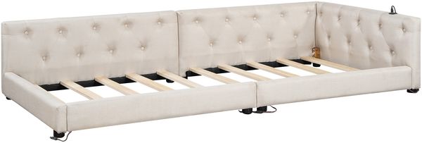 Schlafsofa, Daybett, Tagesbett, 90x200cm, Schlafsofa mit Lattenrost ohne Matratze, Ambientebeleuchtung mit Fernbedienung, Kopfteil mit Knopftuft, Usb+Typ-c, Leinen, Beige Bild 7