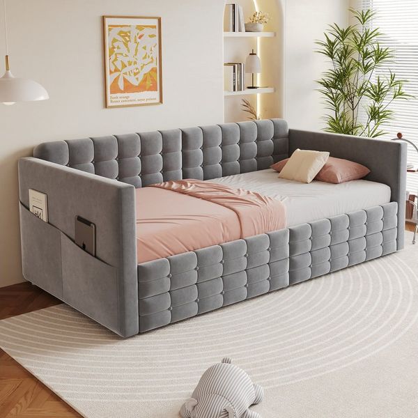 Flieks Daybett, Polsterbett Schlafsofa Kinderbett 90x190cm mit Stautasche & Schubladen