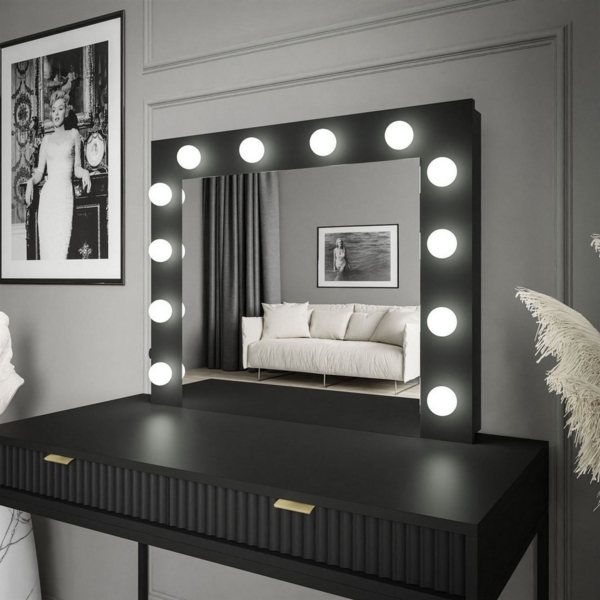Lookway Schminkspiegel ESCADO in Weiß / Weiß Matt und in Schwarz/Schwarz Matt mit Beleuchtung (Badspiegel, Wandspiegel), 12 Glühbirnen in warmer Farbe Bild 3