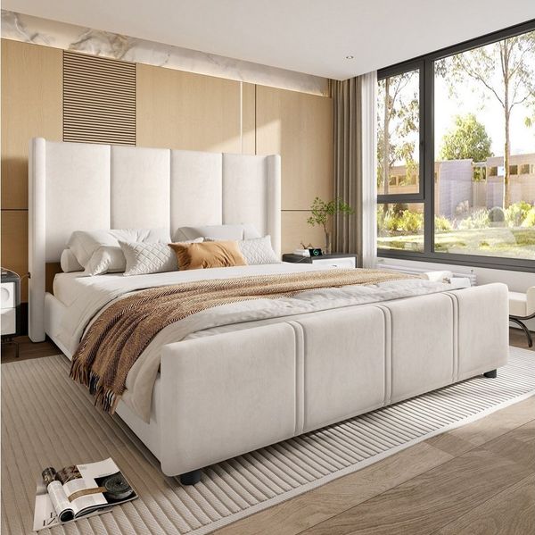 LVHOM Polsterbett hohem Kopfteil & Fußteil 140x200 cm/160x200 cm Bettgestell (Auch im aufrechten Sitzen verhindert direkten Kontakt mit der Wand, integriertem USB/Type-C-Anschluss und hochwertigem Samtstoff), Modernes Bettdesign vereint Komfort und Fun...