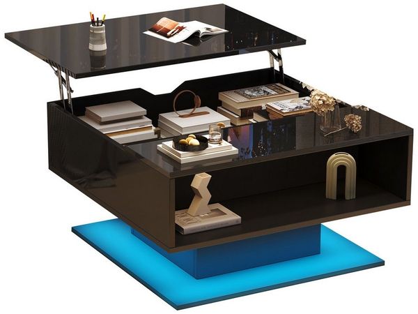 Merax Couchtisch hochglanz Sofatisch anhebbarer Beistelltisch mit LED-Beleuchtung (1-St, 80x75x40 cm), Wohnzimmertisch mit verstecktem Stauraum & halboffenem Regal