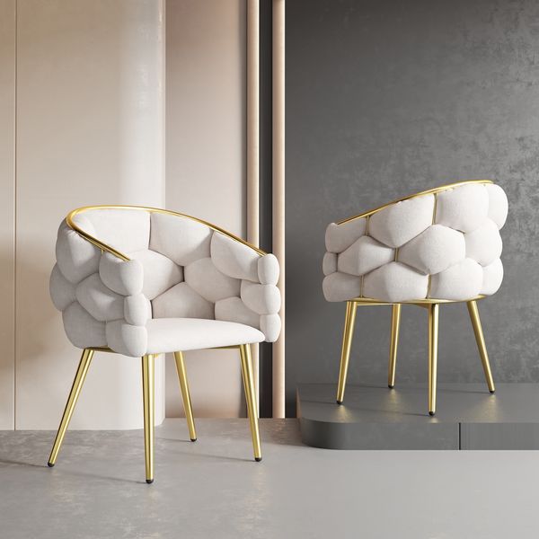 Esszimmerstuhl mit Armlehnen, Sitzfläche 50x47 cm, Höhe 80 cm – Samt in Beige mit goldenem Metallgestell