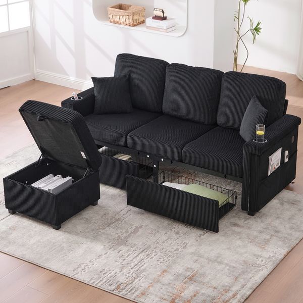 3-Sitzer Sofa B 194 x T 73 x H 81 cm aus Cordstoff mit LED, USB-C und Stauraum