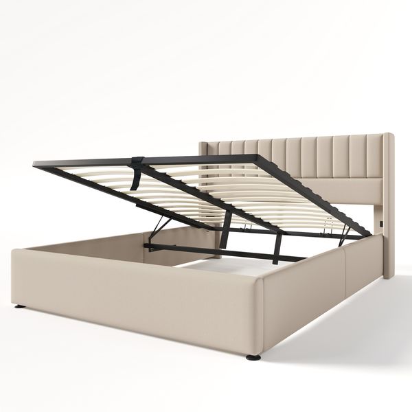 Polsterbett 140×200 cm mit hydraulischem Bettkasten, Lattenrost & Streifenkopfteil, Beige Bild 5
