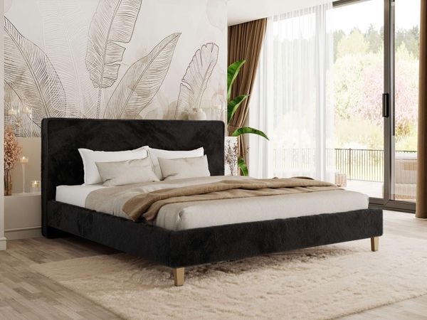 Design Polsterbett LUMARO CLASSIC 180 x 200 cm mit Lattenrost & 12cm hohen Füßen, Doppelbett mit Kopfteil, Konfigurierbar, Foam Matratze - Schwarz Plüsch - MIRO LUX