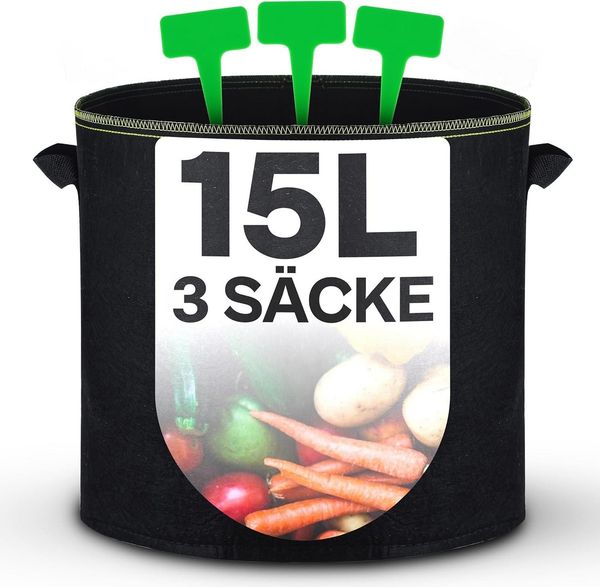 Praknu Pflanzkübel Pflanzsack 15L - 3 STK aus Vliesstoff mit 3 Schilder zum Beschriften (3er Set, 3 St), mit Griff - Für Gemüse, Pflanzen & Blumen - Stofftöpfe - Grow Töpfe
