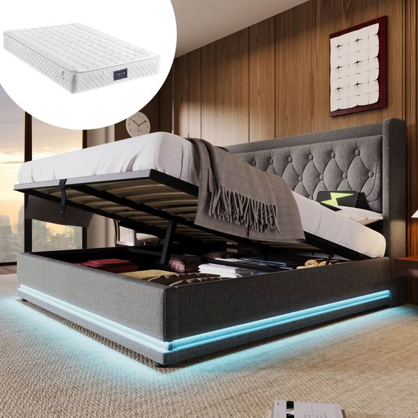 Polsterbett 140x200 cm Grau mit 3-seitiger LED-Beleuchtung, Wingback Kopfteil & USB Typ-C Ladefunktion,hydraulischer Stauraum,inklusive Matratze