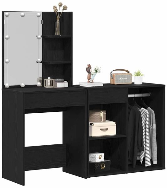 vidaXL LED Schminktisch Set Schwarz Eichen-Optik 140 x 40 x 140 cm 3333045 Bild 3