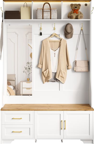 Multifunktionaler Flur- & Schuhschrank mit LED-Beleuchtung, Spiegel, Haken und Schubladen – Moderner Garderobenschrank für Eingangsbereich & Diele mit Stauraum und Sitzfläche