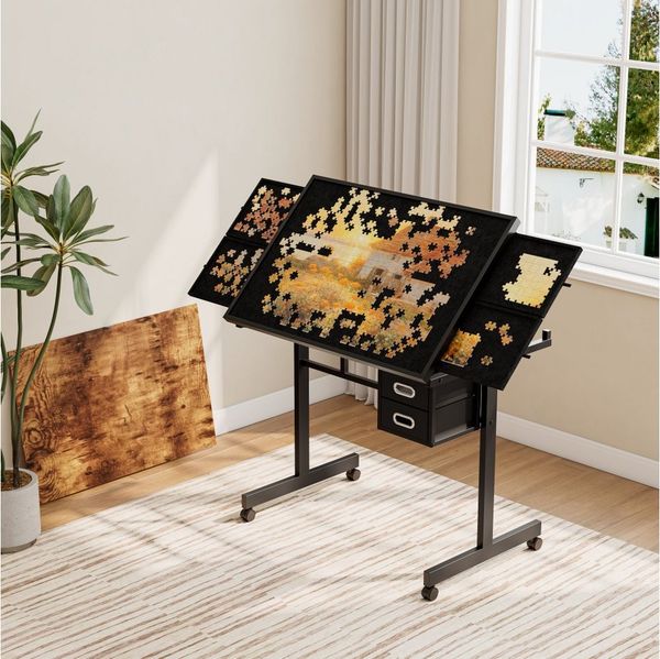 BBWL Schreibtisch Puzzle 1000 Teile Jigsaw Puzzle Board mit Schubladen Rollen MDF, Puzzle Tisch Metall stabile Puzzleplatte mit Abdeckung mobil Geschenk
