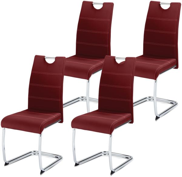 KHG 4er Set Esszimmerstühle Schwingstuhl Polsterstuhl Küchenstuhl Kunstleder Rot - Design Stuhl Sitzhöhe 48 cm - Freischwinger mit integriertem Griff