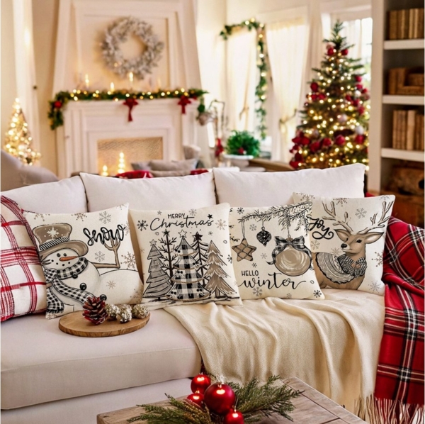 Jibenhome Kissenbezüge Weihnachten Kissenbezug 45x45cm,Leinen,4 Stück,für Dekokissen Deko, (4 Stück), Quadratisch Zierkissenbezug für Weihnachten Bett Sofa Esszimmer Deko Bild 1