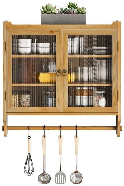 OKWISH Hängeschrank Wandhängeschrank,Glas-Wandregal (Vintage 63 cm Wandregal mit Doppelglastüren – 3 Stufiger Stauraum mit Handtuchhalter, Naturholz – Wandmontage für Badezimmer, Küche, Esszimmer – Stabil & Platzsparend) Gewichtskapazität: 5 kg pro Regal