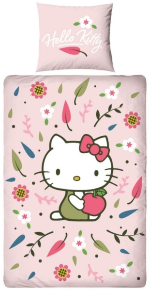MTOnlinehandel Bettwäsche Hello Kitty Blütenzauber, Wende- Motiv für Mädchen, sanfte Rosatöne, Mikrofaser, 2 teilig, 80x80 cm x 135x200 cm, Blüten und Blätter, Kawaii
