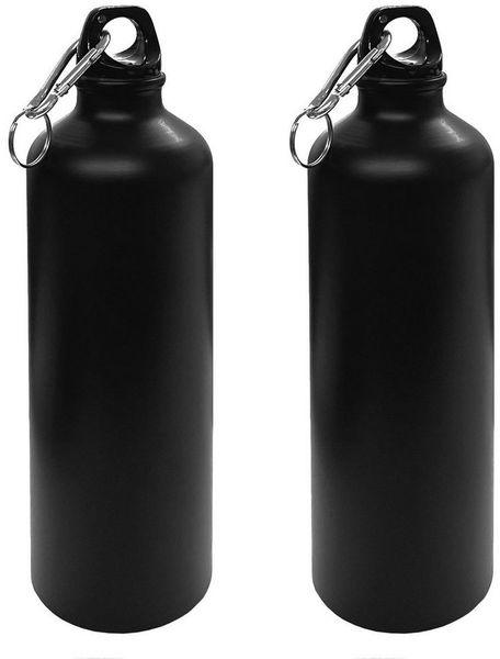 HAC24 Trinkflasche 2x Alu Wasserflasche Sportflasche Fahrradflasche Aluflasche, Aluminium Matt Schwarz 750 ml mit Karabiner