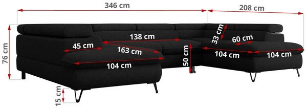 Mks Möbel 'Peter U' Wohnlandschaft mit Bettkasten, Bettfunktion & einstellbaren Kopfstützen, Schwarz, Boucle, mit Topper Bild 8