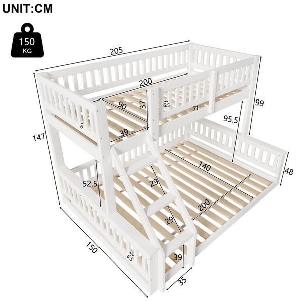 Ulife Etagenbett für 2 Kinder, Kinderhochbett aus Holz mit Leiter Bettgitter (1-St, Ohne Matratze), Weiß, 90x200cm+140x200cm
