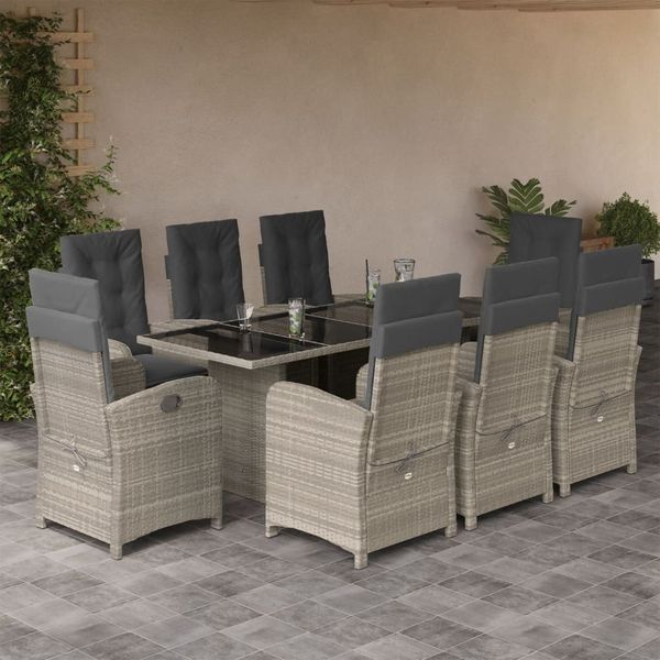 vidaXL 9-tlg. Garten-Essgruppe mit Kissen Hellgrau Poly Rattan 3212268