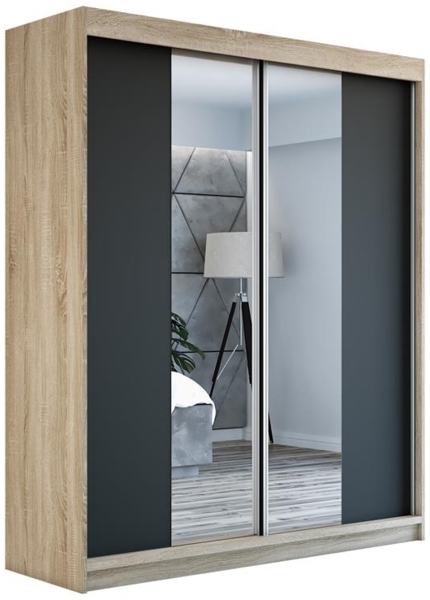 Schwebetrenschrank ELEGANZE 2-trig Schrank 180 cm (mit Spiegel) Farbe: Sonoma , schwarz