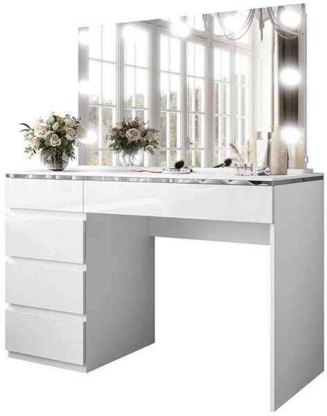 ALLHOUSE24 Schminktisch PEONY SILBER Kosmetiktisch weiß Glanz/weiß Spiegel Beleuchtung (1x Schreibtisch 1x Spiegel), Breite 120 cm