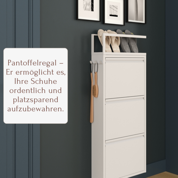 Schuhkipper mit Zubehör, Weiß, 3 Klappen 52x15x118,5 cm, Pantoffelregal, Hakenleiste
