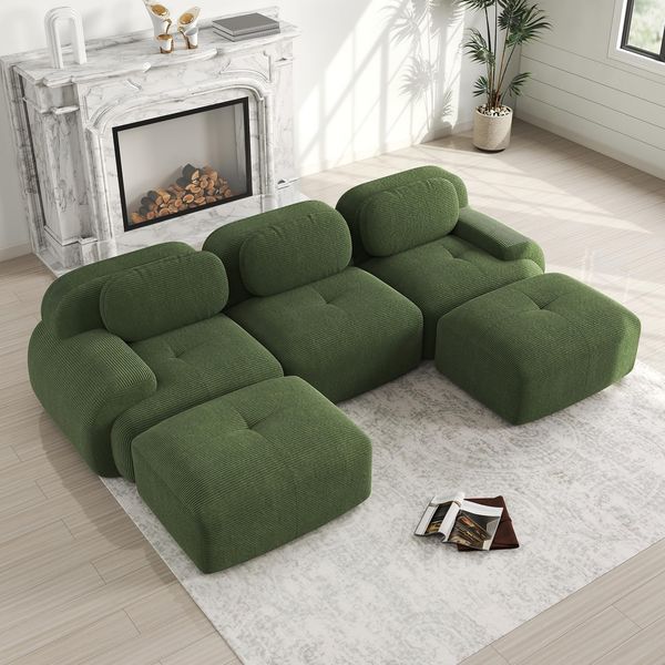 Ball & Cast Cord Sofa, Boneless Couch mit Ottomane, Ohne Montage, Sofa Modular mit Polsterung für Wohnzimmer, Schlafzimmer, Grün, 3 Sitze + 2 Ottomane