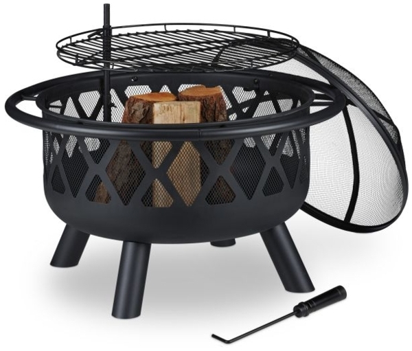 Relaxdays Feuerschale, mit Grillrost, Funkenschutz & Schürhaken, Stahl Schwarz, Ø 75x58 cm