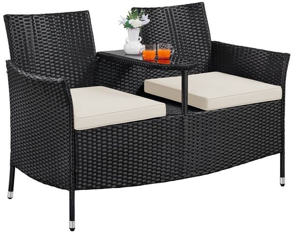 Yaheetech Balkonset 2-Sitzer Polyrattan Gartenbank, Gartenstuhl aus PE-Rattangeflecht Bistro-Set