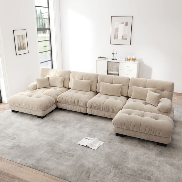 Modulares Ecksofa aus Chenille mit beweglichen Ottomane, 406 x 145 x 81 cm, hellbraun