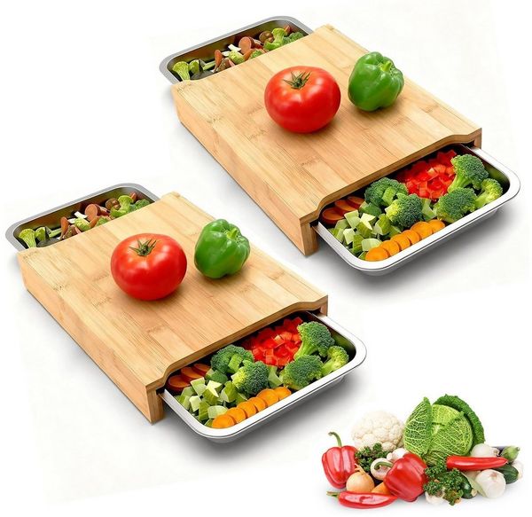 BlingBin Schneidebrett Schneidebrett mit 2 Verschiebbaren Edelstahl-Tabletts, 40 x 29 x 4 cm, Bambus und Holz + Edelstahl, (2er Set, 2-St, Produktabmessungen: 42 × 30 × 3,2 cm), Küchenschneidebrett für Lebensmittelzubereitung, Fleisch, Gemüse