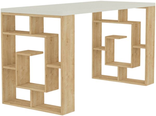 Dmora Schreibtisch Archidamia, Mehrzweckschreibtisch, Bürotisch für PC, Eckschreibtisch, 140x60 h75 cm, Weiß und Eiche