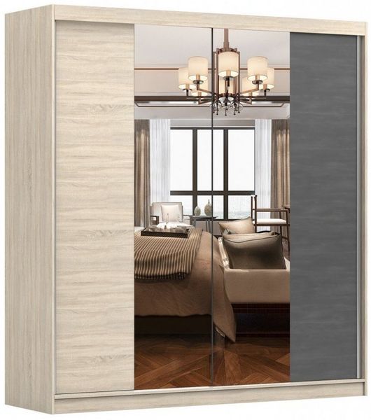 MOEBLO Kleiderschrank Kallas (Schwebetürenschrank 2-türig Schrank Garderobe Schiebtüren Schlafzimmer Wohnzimmerschrank, mit Einlegeböden, drei Schubladen, mit Spiegel) (H x B x T):218 x 203 x 61 cm