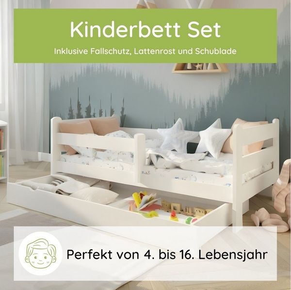 Kids Collective Kinderbett Kinder Jugendbett 80x160 und 90x200 cm Mit Schublade & Rausfallschutz, 90×200 cm, stabiles Kiefernholz, Weiß